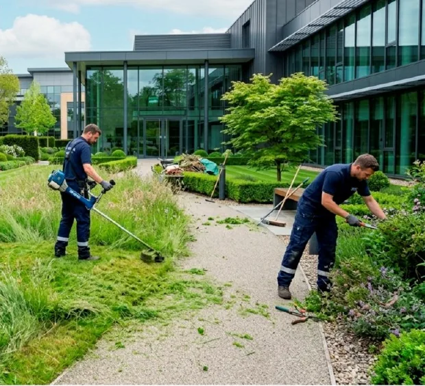 Equipe realizando manutenção de áreas verdes e paisagismo