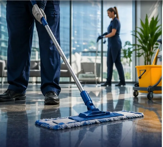 Profissionais realizando limpeza e conservação em ambiente empresarial