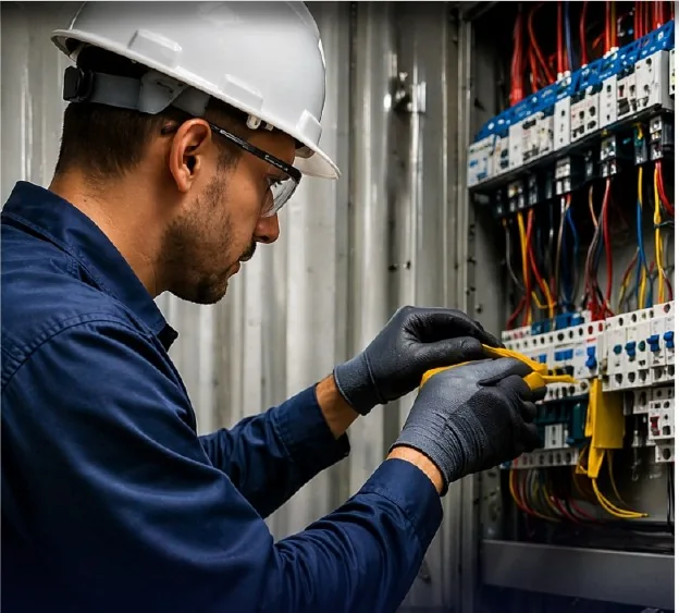 Profissional executando manutenção técnica em instalação elétrica